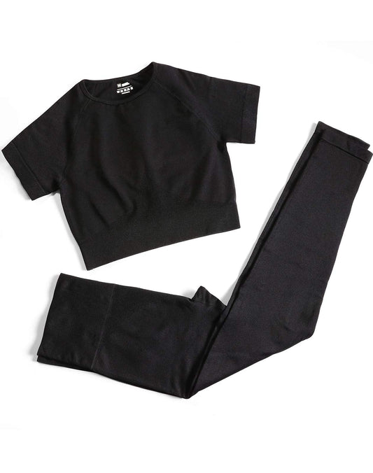 PINKSAVIOR Workout Sets for Women Two Piece Outfits Seamless High Waist Leggings Yoga Crop Tops Athletic Sports Gym Sets(P005L-Black