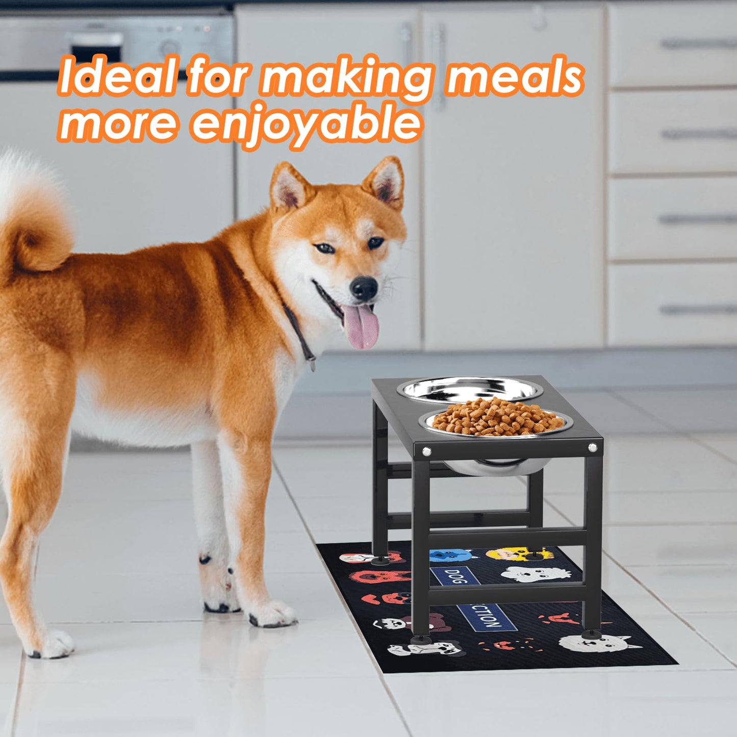 ADENGL Metal Raised Dog Bowl, 10" Tall Elevate Dog Feeder Stand with 2 Stainless Steel 42oz Bowls & 16x24 Non-Slip Mat – Stronger Dogs Food & Water Bowl Stand (Black)