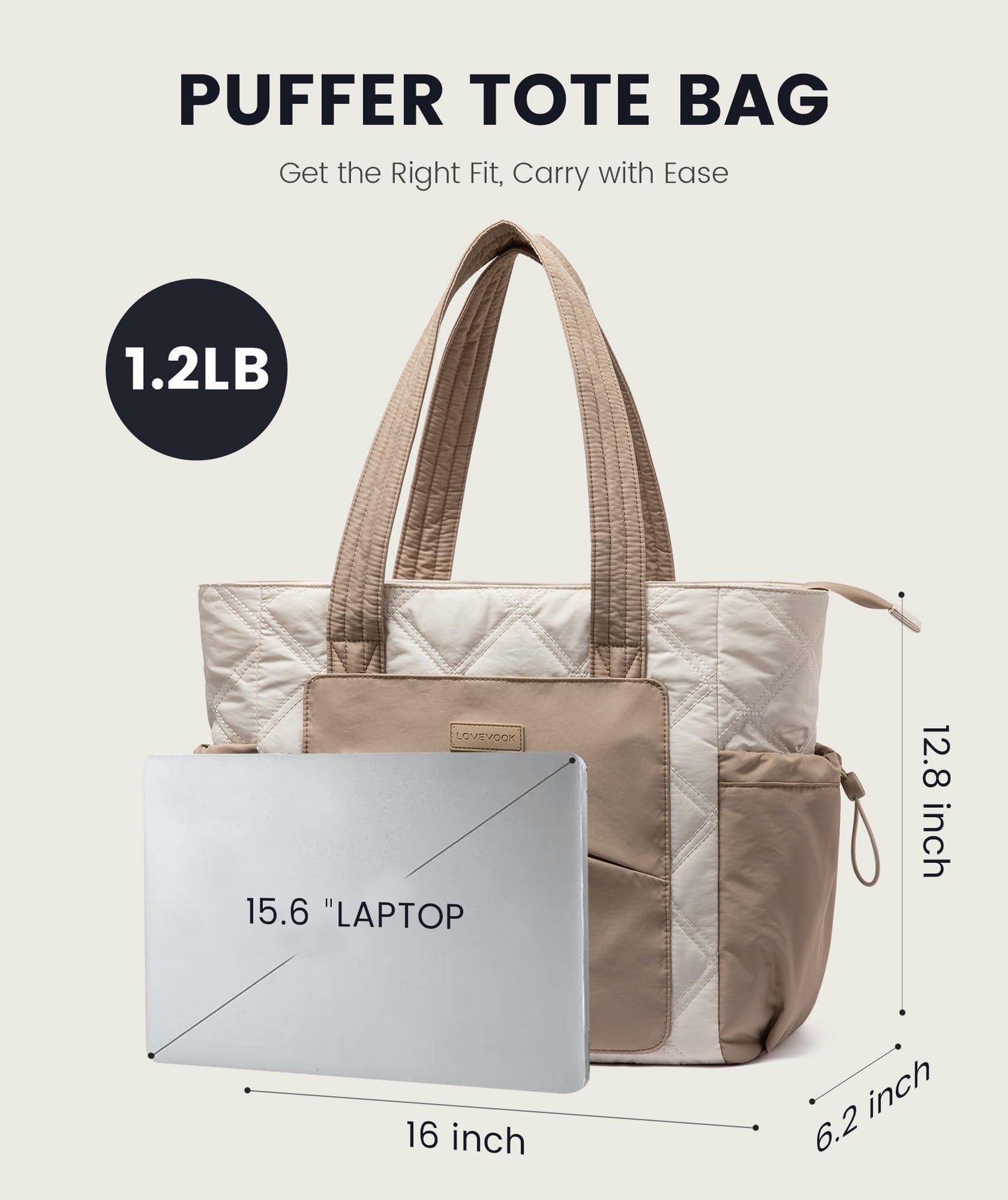 LOVEVOOK Tote Bag for Women, Puffer Bag and Work Bags with Zipper for Travel, Daily, School, Quilted Nurse Shoulder, 2pcs