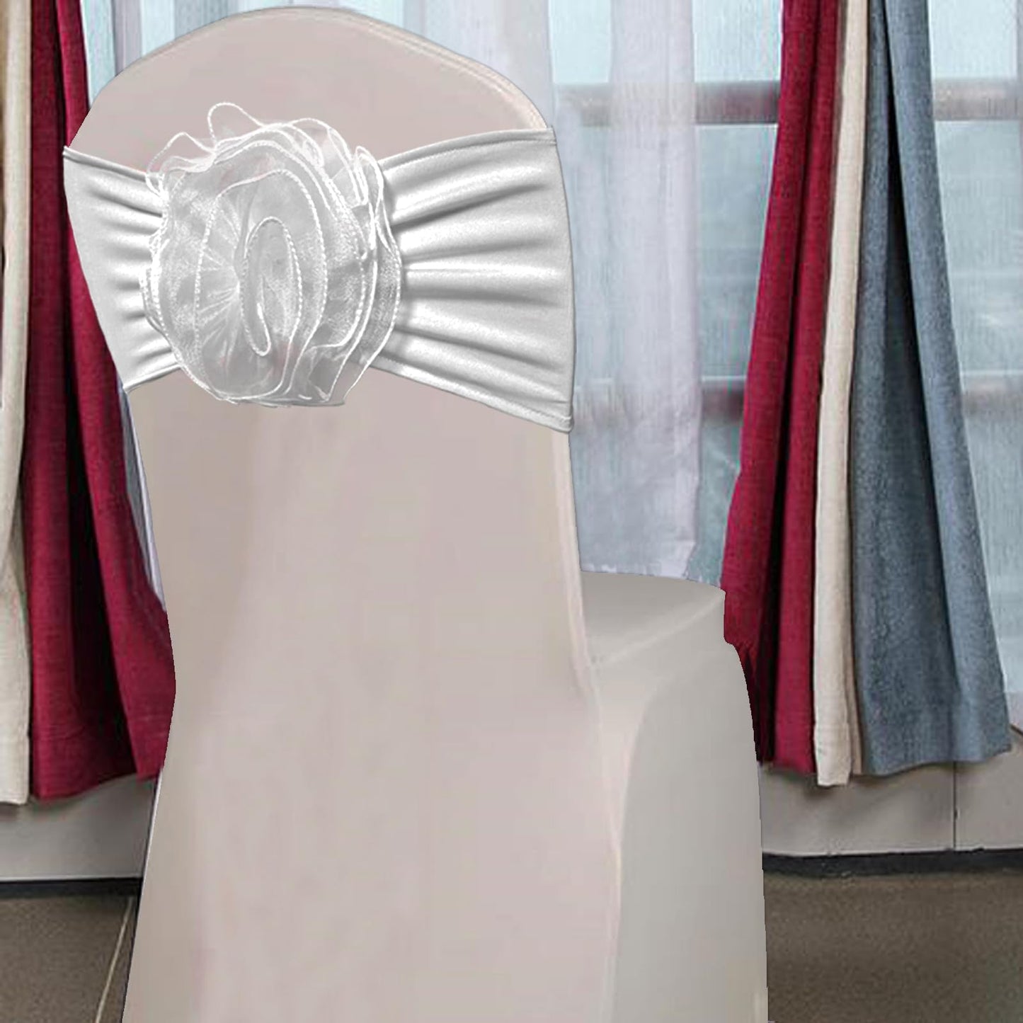 SFN 2 PCS White Flower Chair Sashes Chair Cover Chair Spandex Bands Bows tie for Thanksgiving Christmas Wedding Banquet Birthday Party Events Hotel Decoration