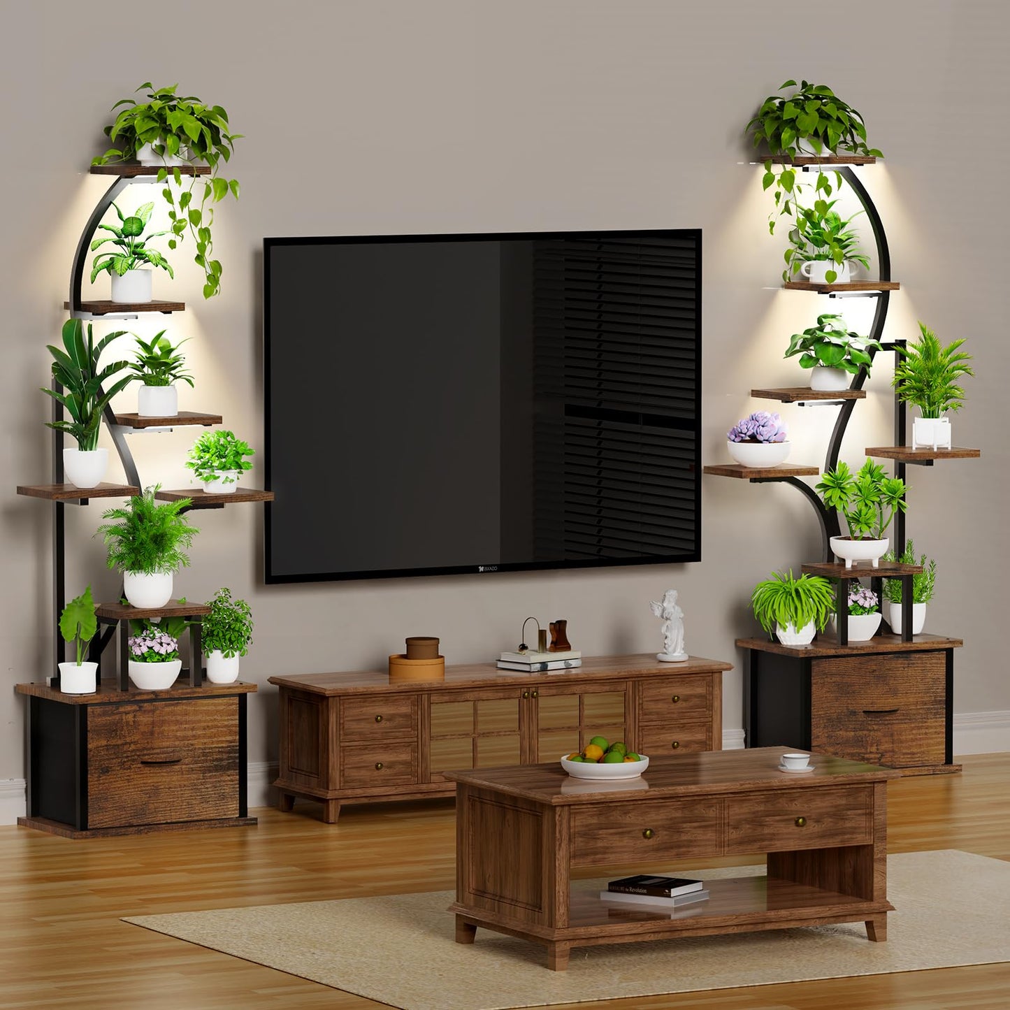 Plant Stand Indoor with Grow Lights - 8 Tiered Lighted Plant Shelf Indoor with Drawer, 65" Large Plant Stand for Indoor Plants Multiple, Metal Tall Plant Flower Holder for Home, Living Room, Patio