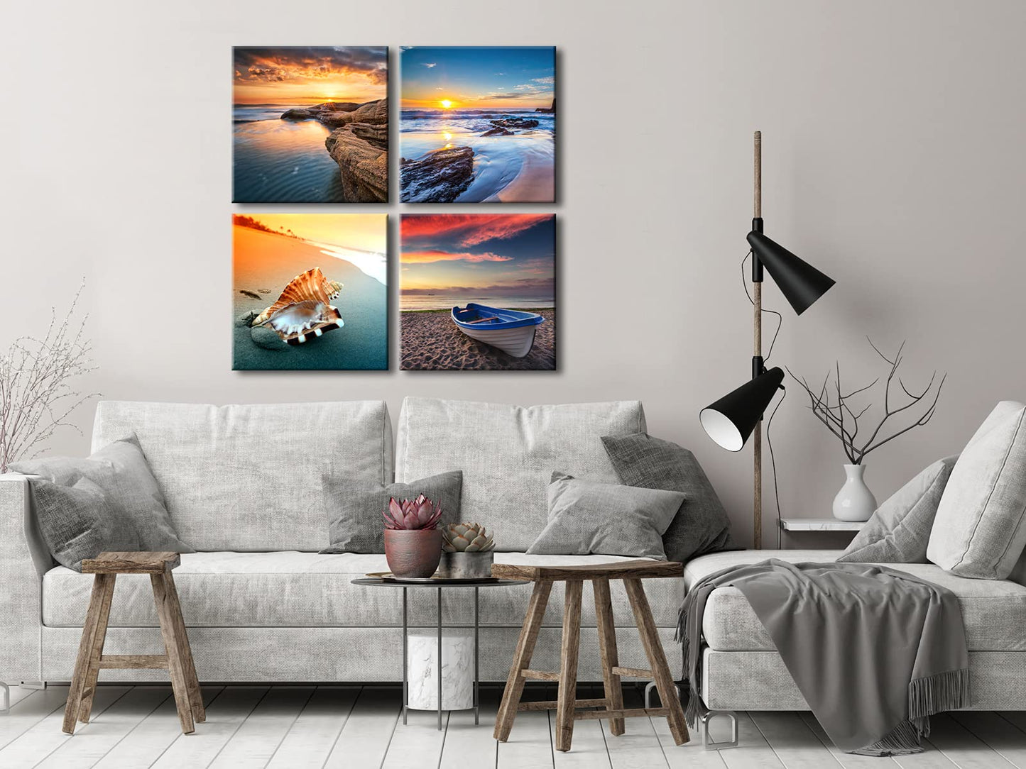 Pyradecor Sunset Sea Beach Modern Seascape Pictures Paintings on Canvas Wall Art 4 Panels Stretched Canvas Prints Artwork for Living Room Bedroom Home Office Decorations