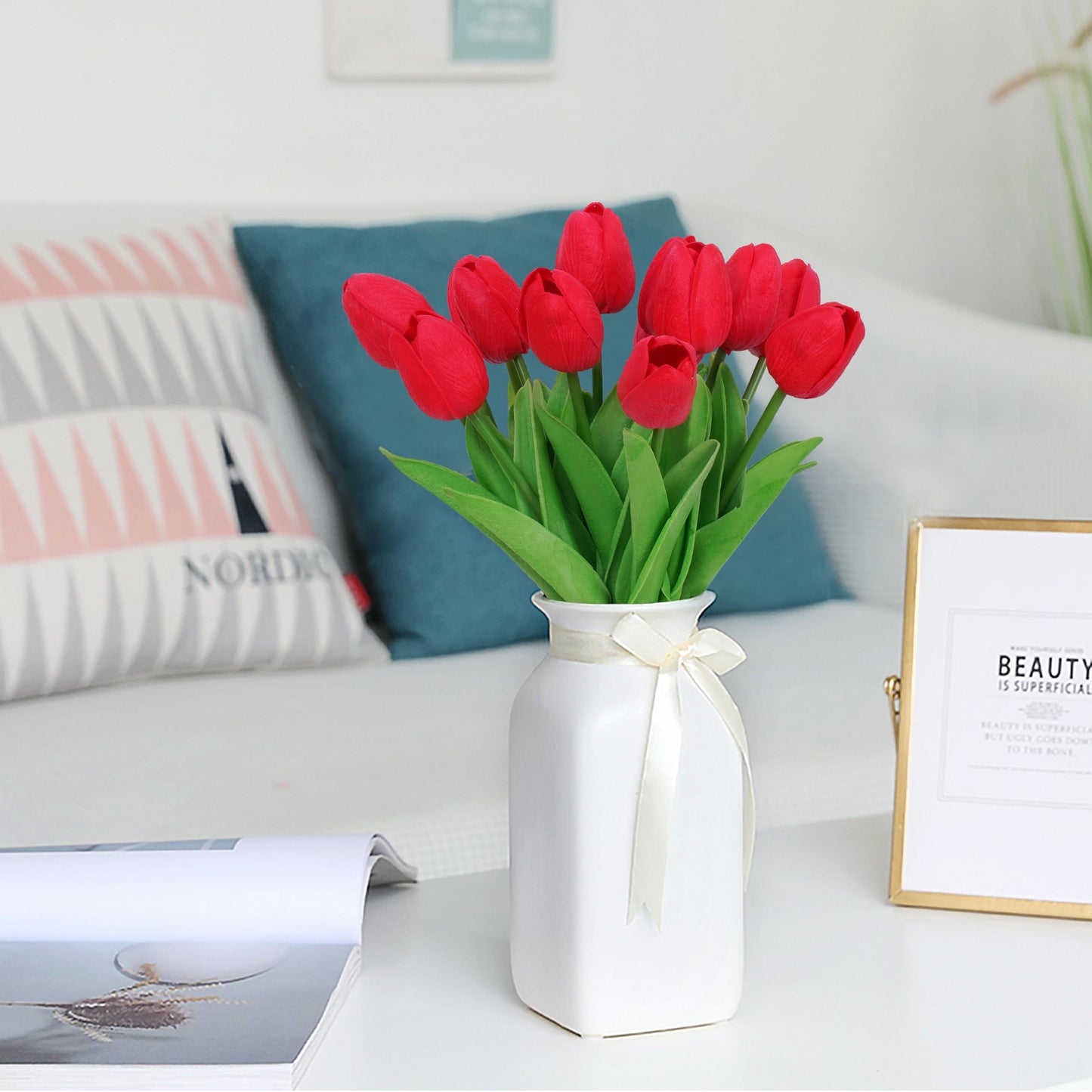 DZRDYL 20pcs Red Artificial Tulip Fake Flower 12.9 Inch Spring Mother's Day Easter Gift for Home Kitchen Wedding Decoration