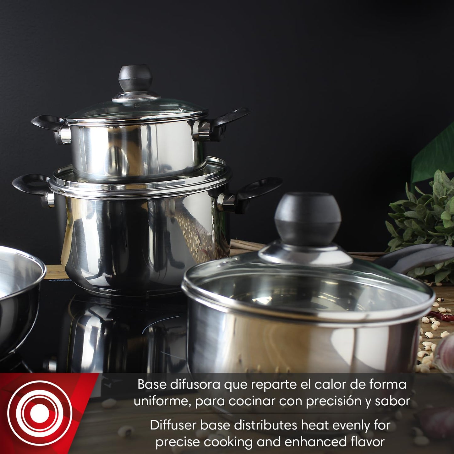 MAGEFESA Practika 7-Piece Stainless Steel Cookware Set, Includes Stockpot, Stew pot, Saucepan, Deep sauté, Compatible with All Types of Stovetops, Lids Included, Dishwasher safe