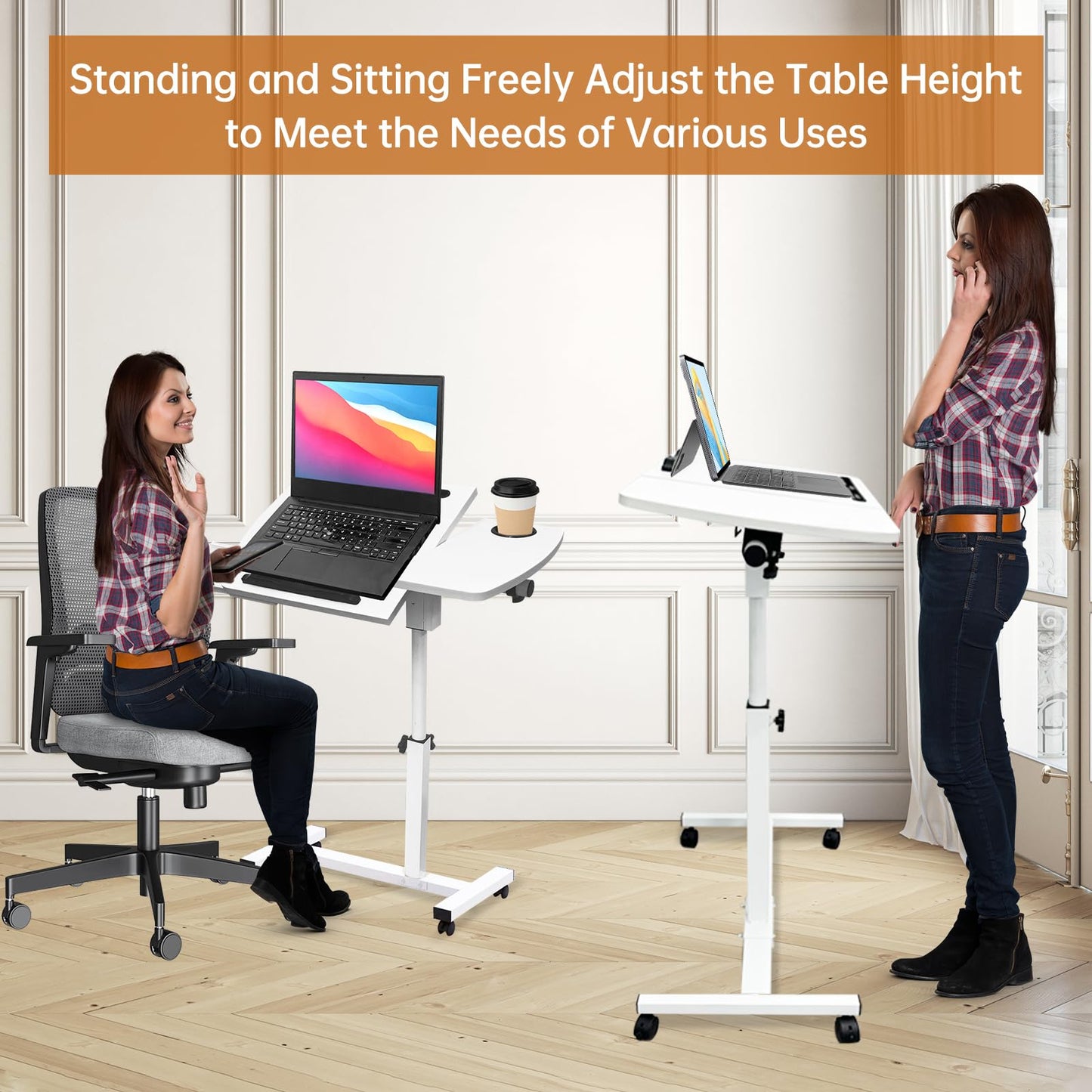 DOKKOME Medical Adjustable Overbed Bedside Table with Wheels, Mobile Standing Desk Laptop Computer Cart with Phone Holder and Drawer for Hospital and Home Use