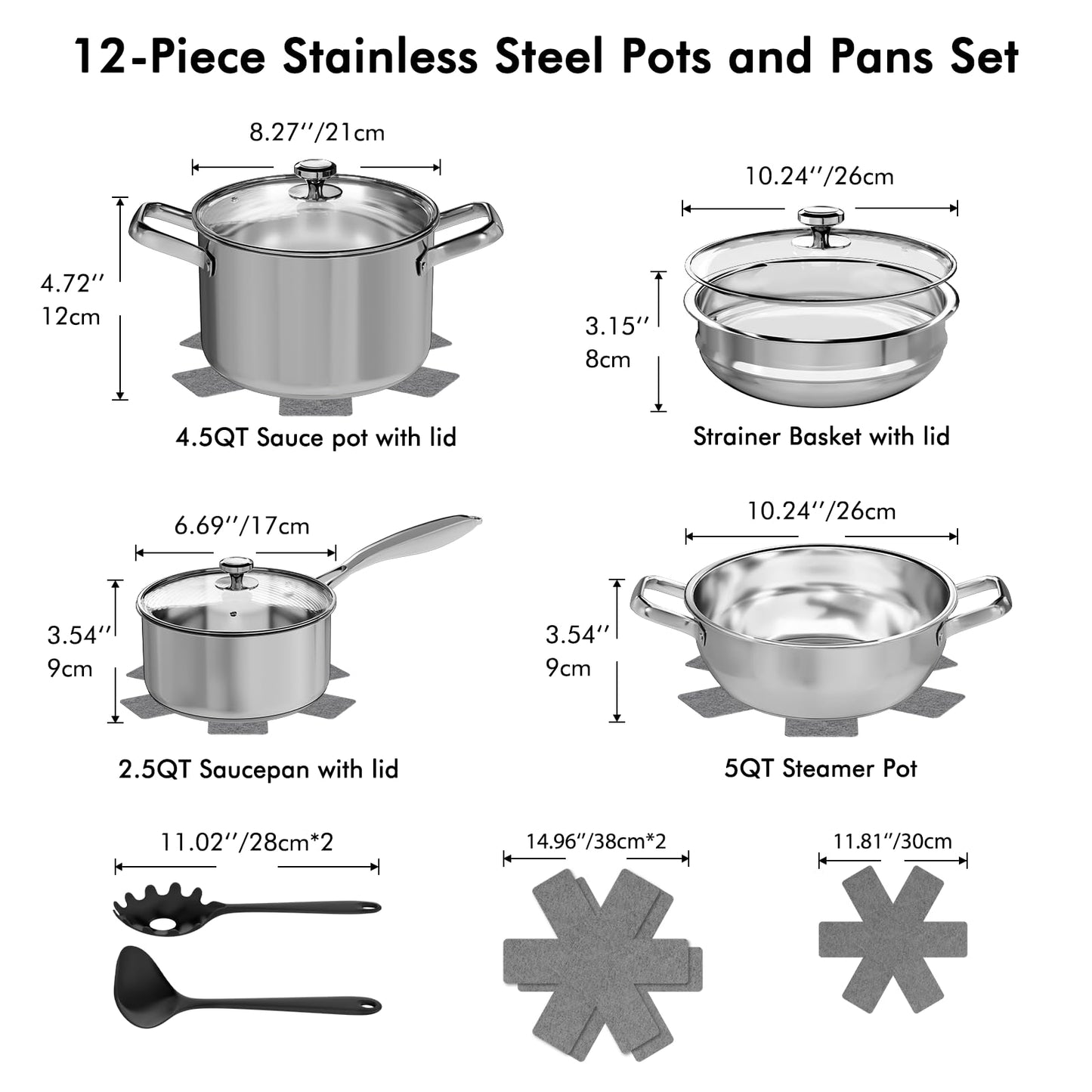 Pots and Pans Set,12-Piece Stainless Steel Cookware Set, Induction Ready Kitchen Cooking Set, Includes Saucepans, Stockpot, Steamer & Strainer Basket, Glass Lids, Dishwasher & Oven Safe