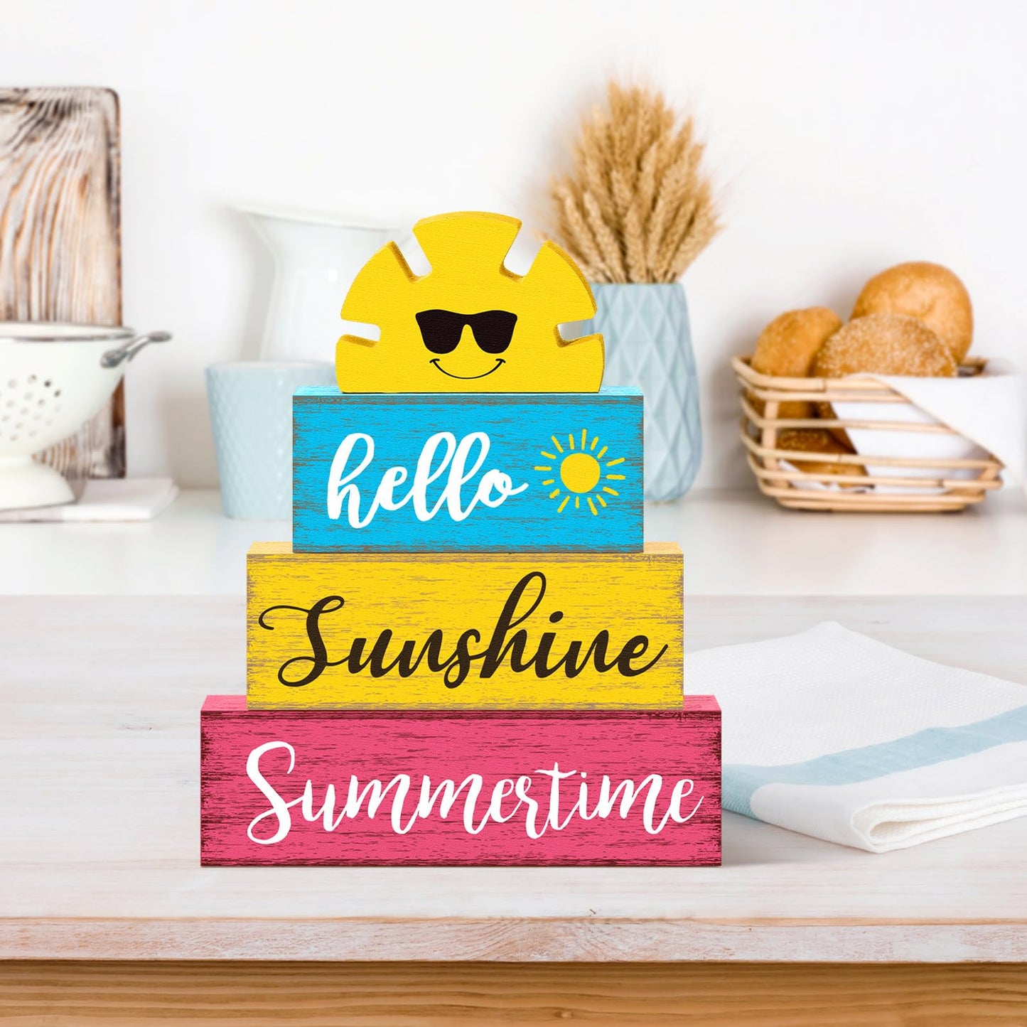Yuntau Summer Table Decor Hello Sunshine Wooden Block Sign Farmhouse Summertime Beach Tiered Tray Decor Rustic Table Centerpieces Summer Decorations for Home Desk Shelf Mantle Office Decorations