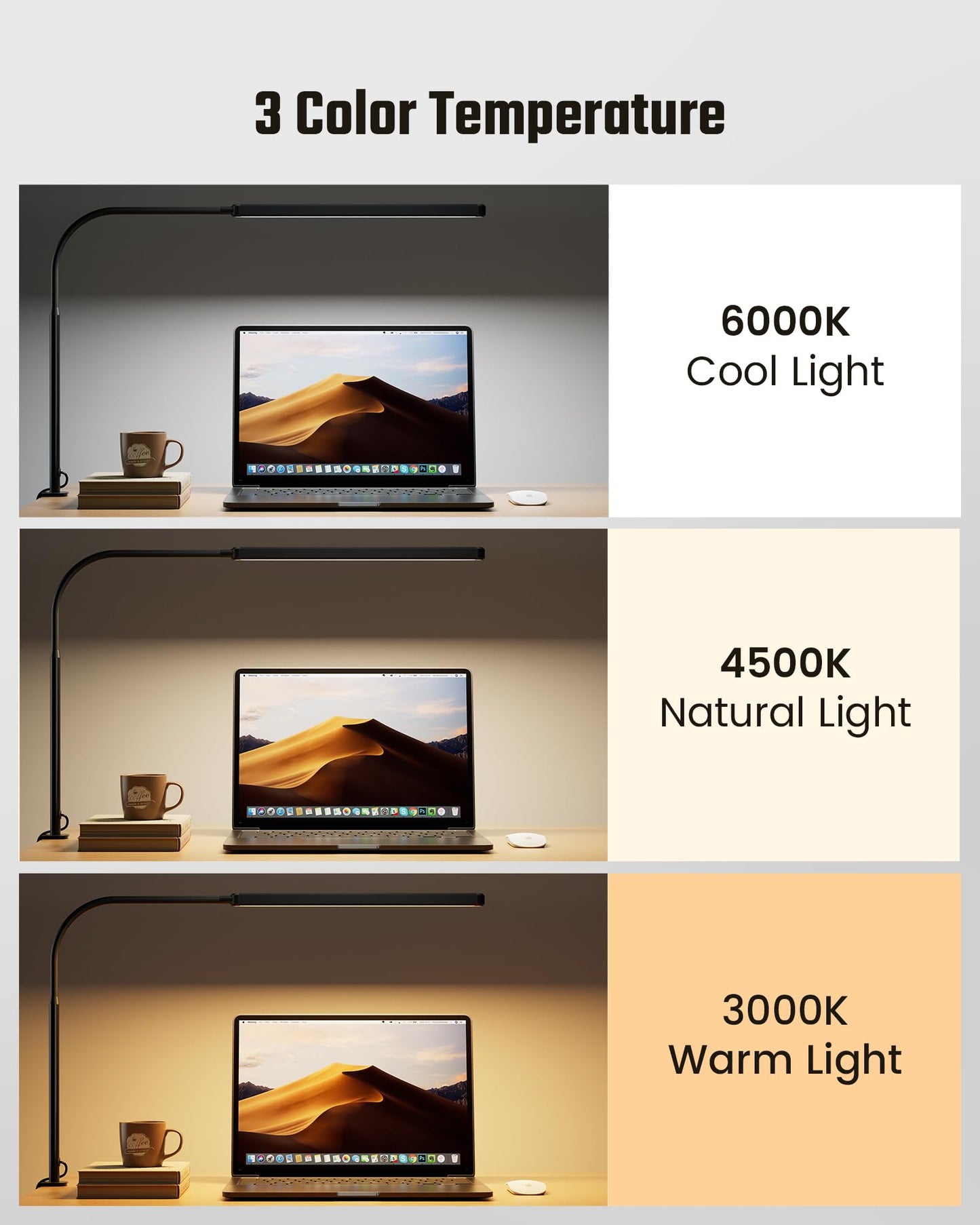 SUPERDANNY Eye-Caring LED Desk Lamp 360° Flexible Gooseneck Work Lamp with Desk Side Clamp Touch Control 3 Light Colors Smooth Dimming Task Lighting Reading Light for Home Office College Dorm, Black