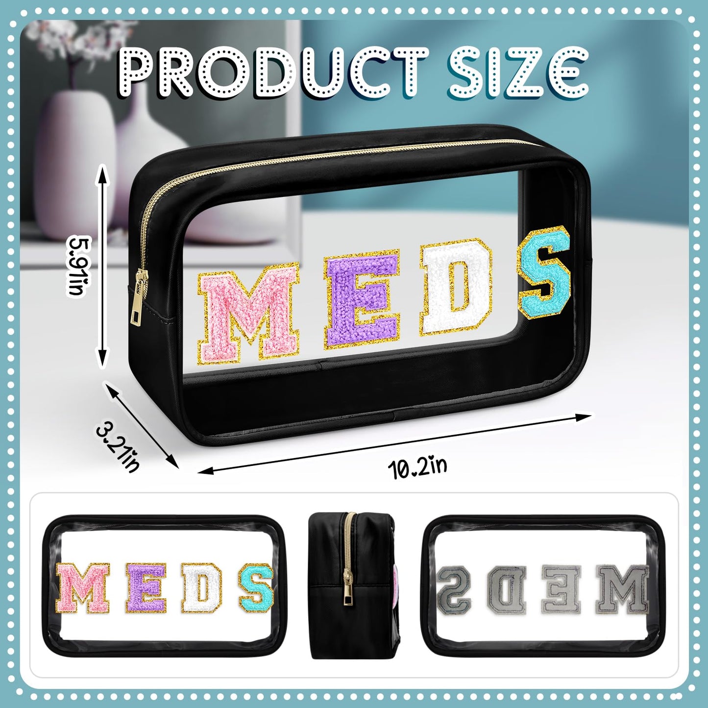 Geetery Chenille Letter Bag Nylon Portable Makeup Cases Preppy Patch with Zipper Cosmetic Toiletry Storage Bag for Women(Black,Original MEDS)