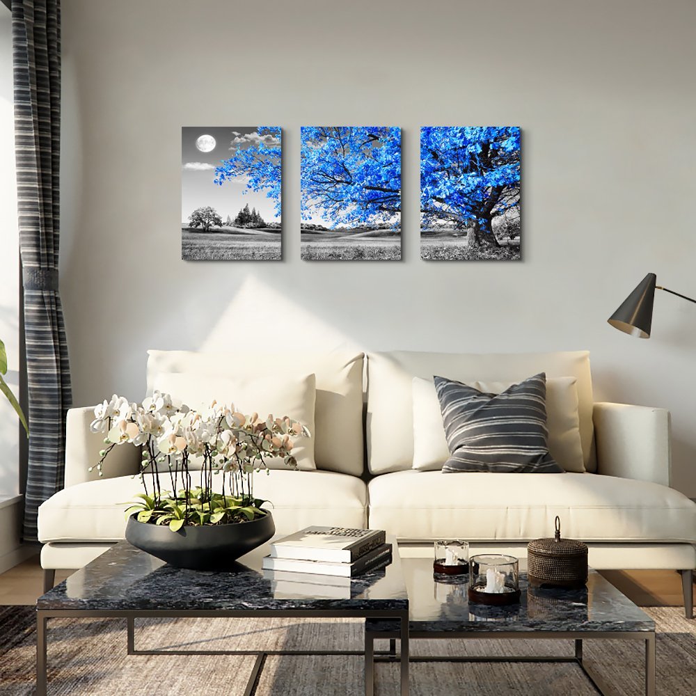 Wall Art For Living Room black and white Blue tree moon Canvas Wall Decor for Home artwork huge Painting 16" x 24" 3 Pieces Canvas Print For bedroom Decor Modern Salon kitchen office Hang a picture