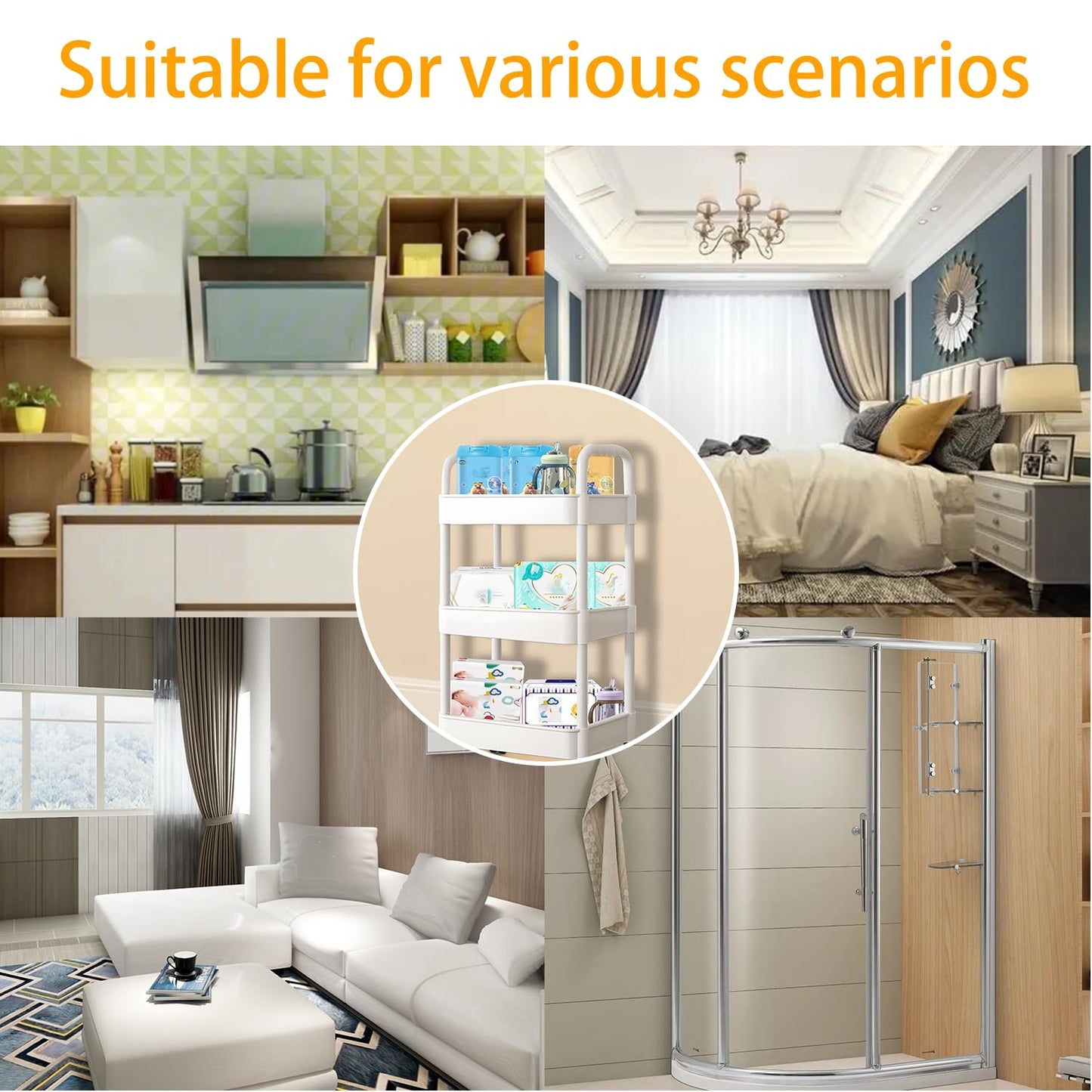 Baby Diaper Caddy, Plastic Movable Diaper Cart with Wheels Newborn Nursery Essentials Baby Diapers Organizer for Changing Table & Crib, Easy to Assemble, White