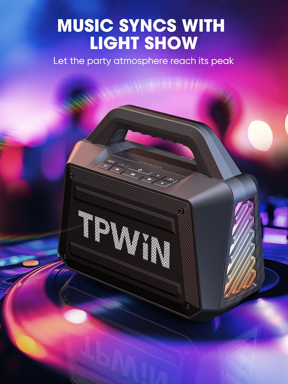 TPWIN Bluetooth Speaker Wireless - Portable Loud Speakers 80W Peak, 20H Playtime, Light Show, TWS, Deep Bass, BT 5.3, IPX6 Waterproof for Outdoor Travel Camping Beach Pool - Black