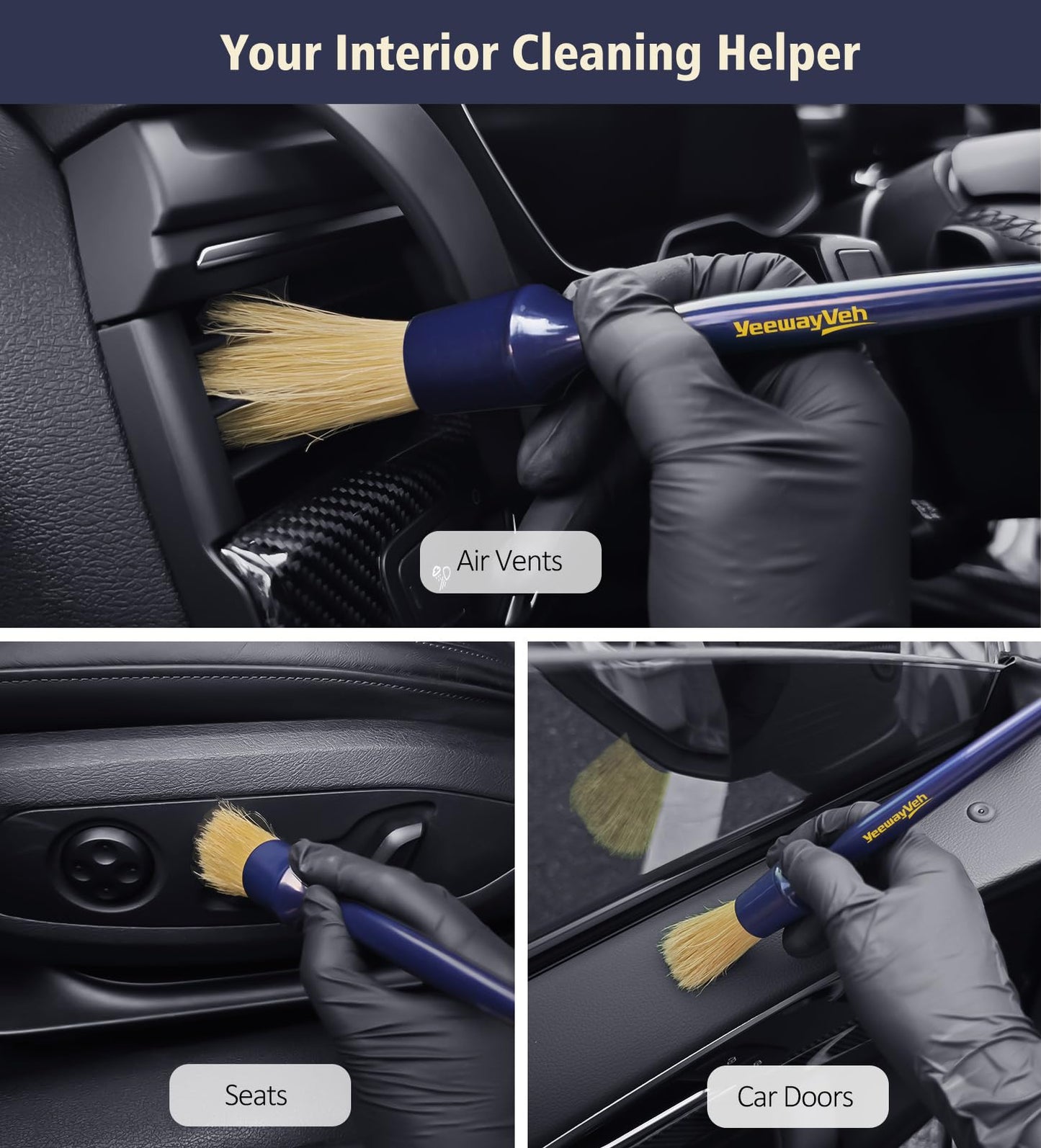 YeewayVeh Car Detailing Brush Set, 3 Pack Ultra Soft Boars Hair Detailing Brushes for Leather Seat Air Vents Engine Bay, Auto Detail Brushes Car Detailing for Interior Exterior, Indigo