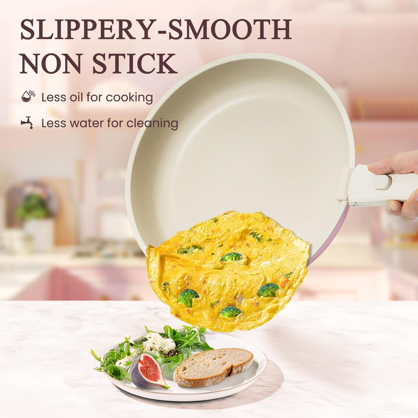 KIKCOIN 5 Pack Ceramic Pots and Pans Set Non Stick, Kitchen Cookware Set Detachable Handle, Non Toxic Cooking Set with Removable Handles, Induction Dishwasher/Oven Safe, Ollas de Cocina, Pink