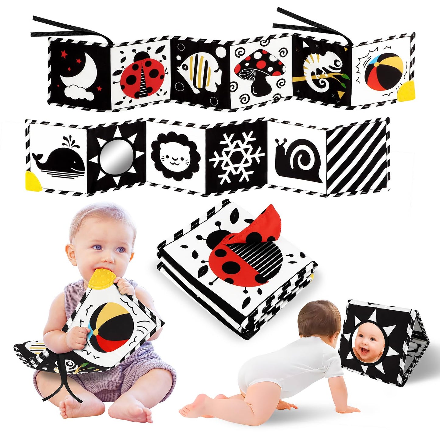 High Contrast Baby Book with Teether, Black and White Baby Book, 0-6-12 Months Soft Book for Newborn, Sensory Books, Montessori Learning Activities for Babies, Easter Basket Stuffer