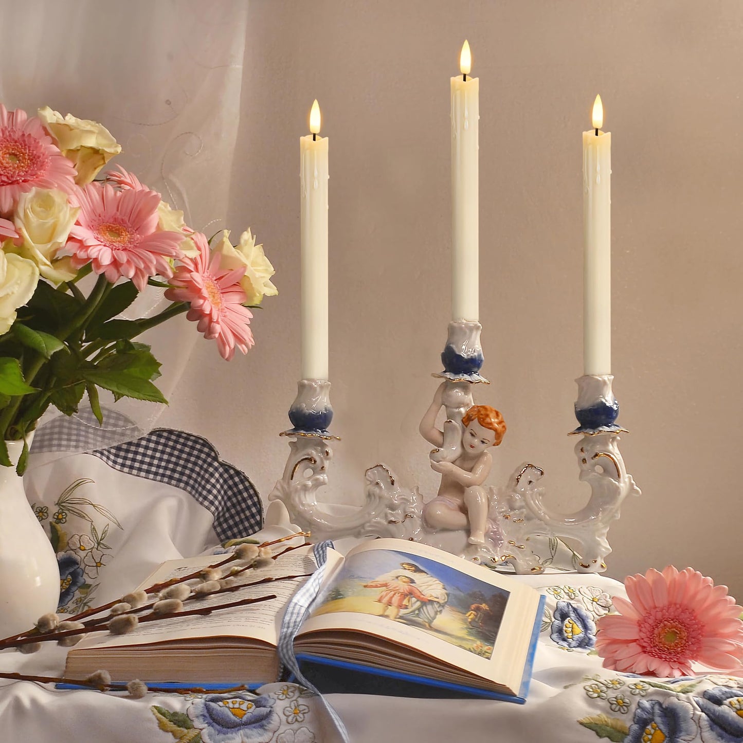 Zevanor Rechargeable Flameless Timer Remote Taper Candles, 2pcs 0.86" x10" LED Flickering Dripping Wax Window Tall Fake Ivory Plastic Candlesticks(USB Charging Cable Included)