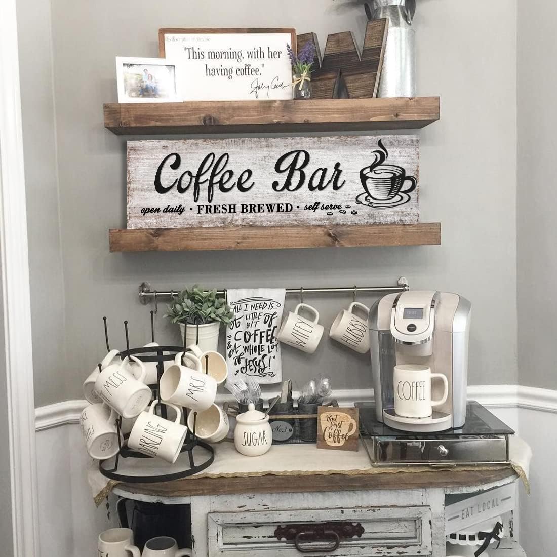 Rustic Wood Grain Coffee Station Decor - Retro Coffee Bar Signs for Kitchen - Self Serve Fresh Brewed Open Daily