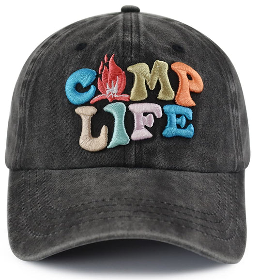 Camp Life Hat for Men Women, Funny Adjustable Cotton 3D Embroidered Camping Hiking Baseball Cap