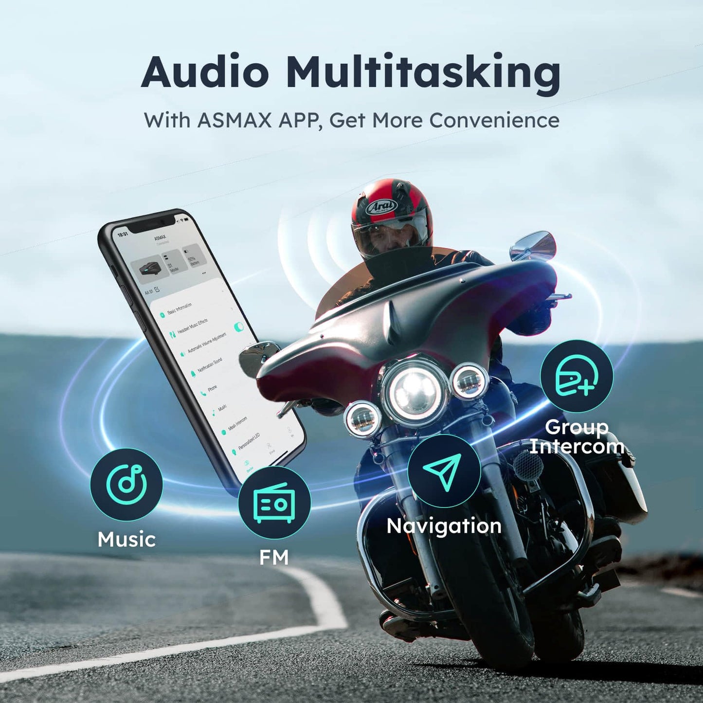 ASMAX S1 Motorcycle Bluetooth Headset with 3 Intercom Modes, 8-Rider Mesh Communication, AI Voice, FM Radio, Auto Volume, Waterproof, Fast Charging for Helmet/ATV/UTV/Snowmobile(Grey)