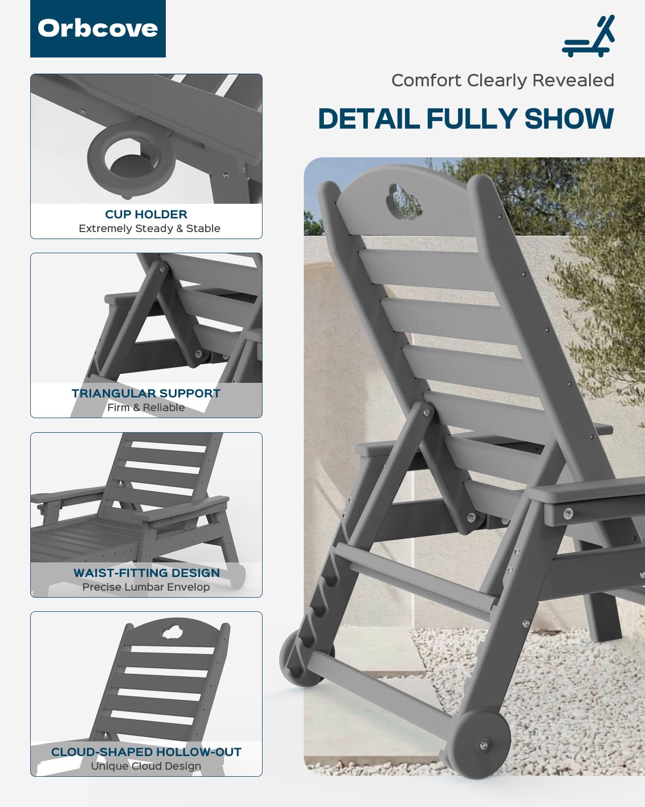 Orbcove Oversized Chaise Lounge Chair Outdoor with Wheels & Cup Holder, 6-Position Adjustable HDPE Patio Lounge Chair for Poolside, Garden, Deck & Lawn (Grey, 2-Piece)