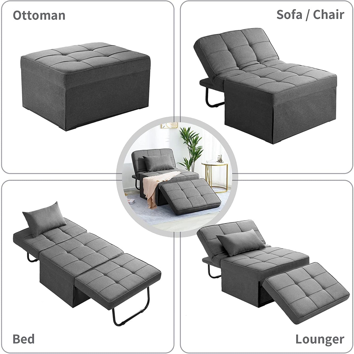 BIGSYY Sofa Bed, 4 in 1 Multi Function Folding Ottoman Sleeper Bed,Modern Convertible Chair Adjustable Backrest Sleeper Couch Bed for Living Room Small Room Apartment, Light Grey