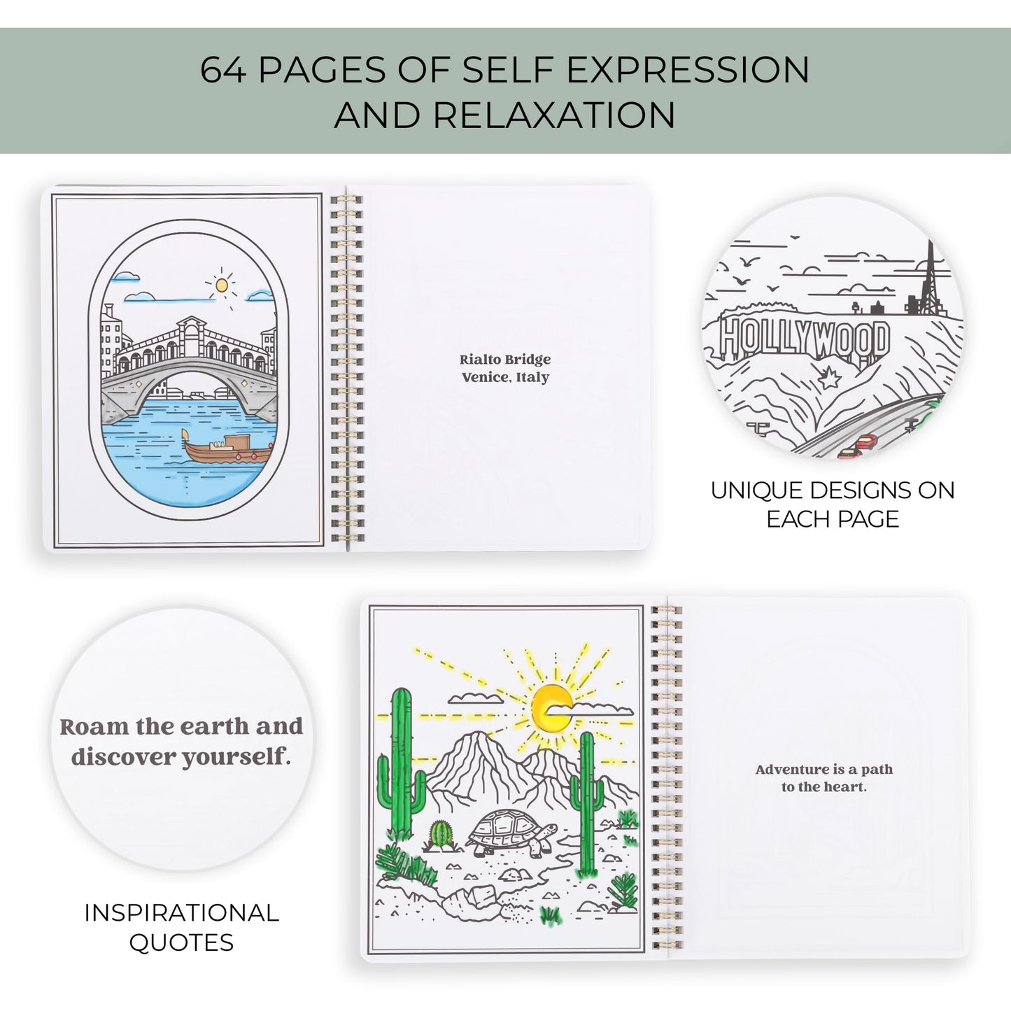 Beautiful Adult Coloring Book Set of 2 for Relaxation - Inspirational Adventures and Landmarks Scenery For the Spirit of Wanderlust - Perfect Stress-Relieving Gift for Women