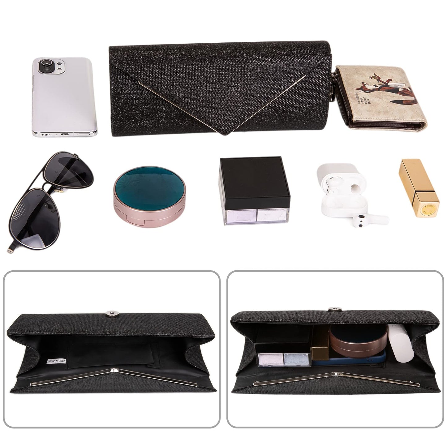 Larcenciel Clutch Purses for Women, Sparkling Envelope Evening Bag with Detachable Chain, Glitter Sequins Metal Formal Handbag Shoulder Crossbody Bag Prom Party Purse Bridal Wedding Clutch Bag(Black)