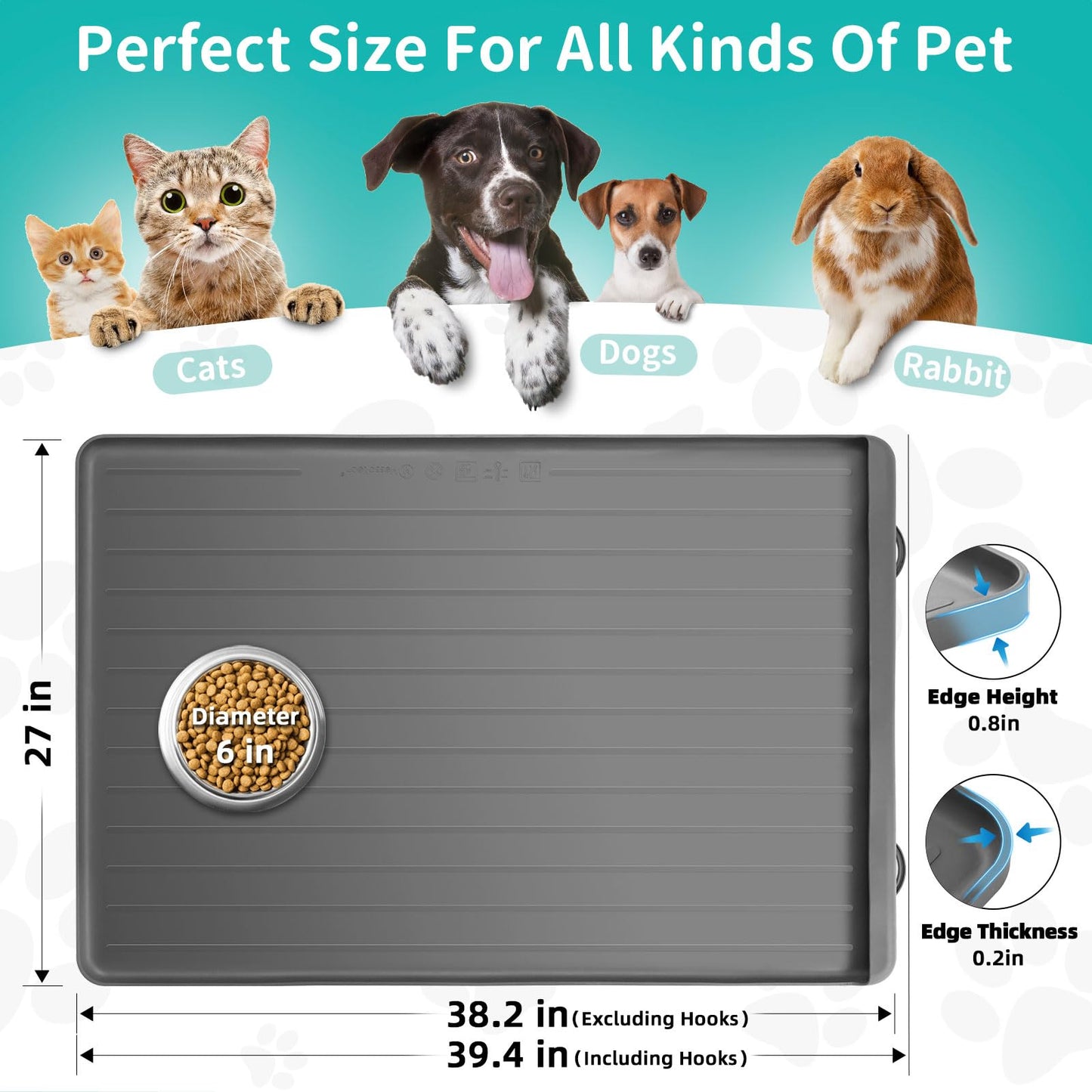 Dog Mat for Food and Water - 39.4" x 27" Large Pet Feeding Mats with Residue Collection Pocket - Waterproof Dog Cat Bowl Mat with High Edges to Prevent Water and Food Spills (Light Grey)
