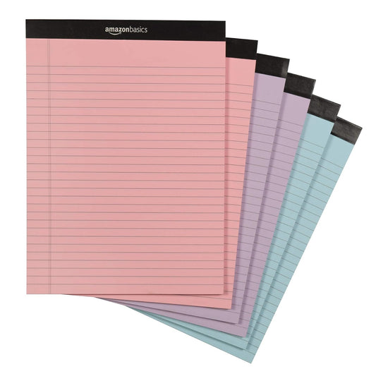 Amazon Basics Wide Ruled 8.5 x 11.75-Inch 50 Sheet Perforated Lined Writing Note Pads, Pack of 6, 300 Count, Multicolor