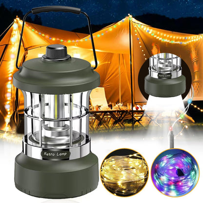 Camping String Lights, Camping Essentials Gear 4 in 1 Camping Lantern String Light with Flashlight,49.2FT Rechargeable Waterproof LED Camping Light, for Outdoor Camping Tent Garden Party Decor