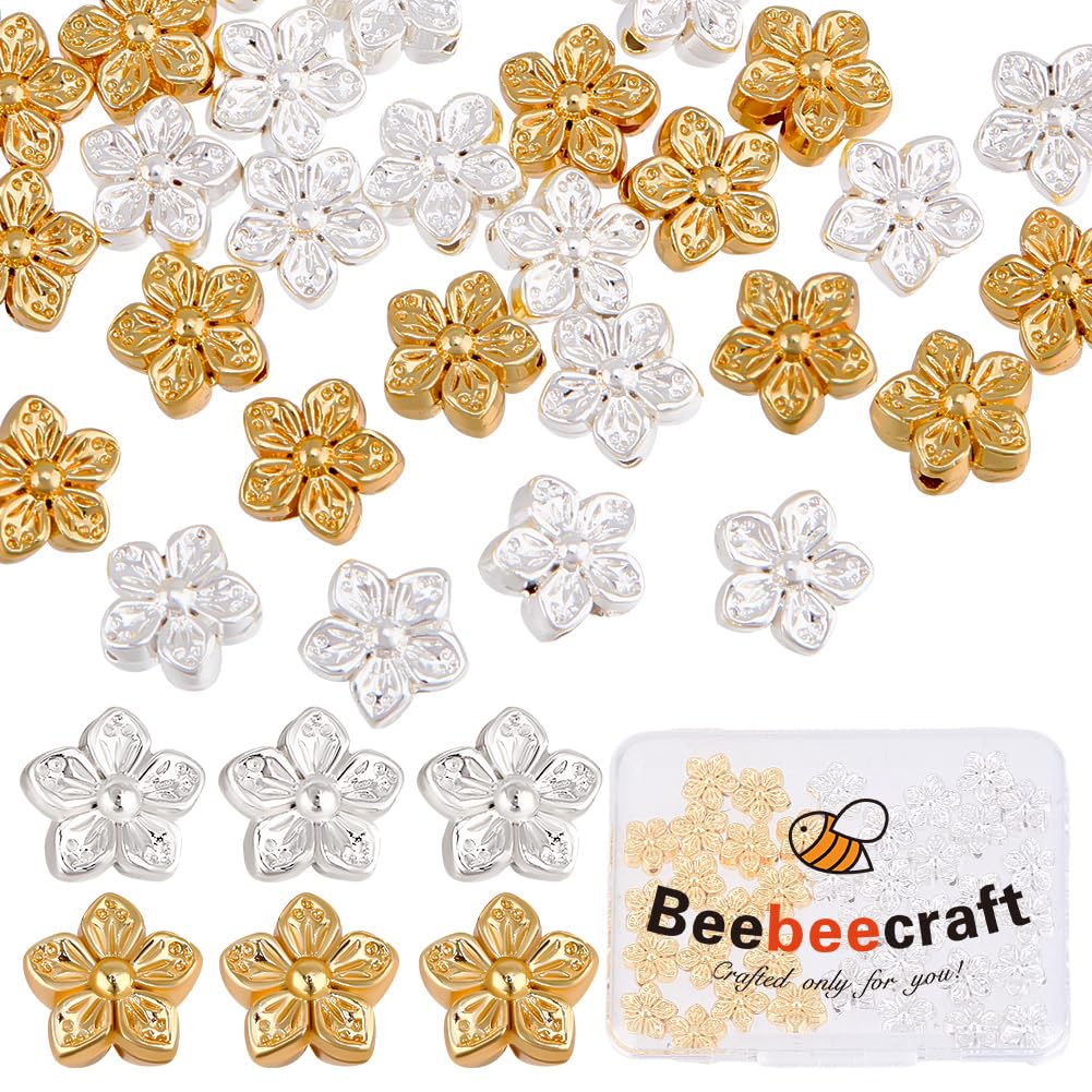 Beebeecraft 50Pcs 2 Colors Flower Metal Beads Peach Blossom 18K Gold & 925 Sterling Silver Plated 0.5mm Hole Floral Loose Spacer Bead for Jewelry Making Bracelet Necklace Supplies DIY Crafts