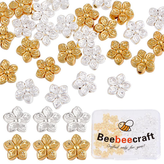 Beebeecraft 50Pcs 2 Colors Flower Metal Beads Peach Blossom 18K Gold & 925 Sterling Silver Plated 0.5mm Hole Floral Loose Spacer Bead for Jewelry Making Bracelet Necklace Supplies DIY Crafts