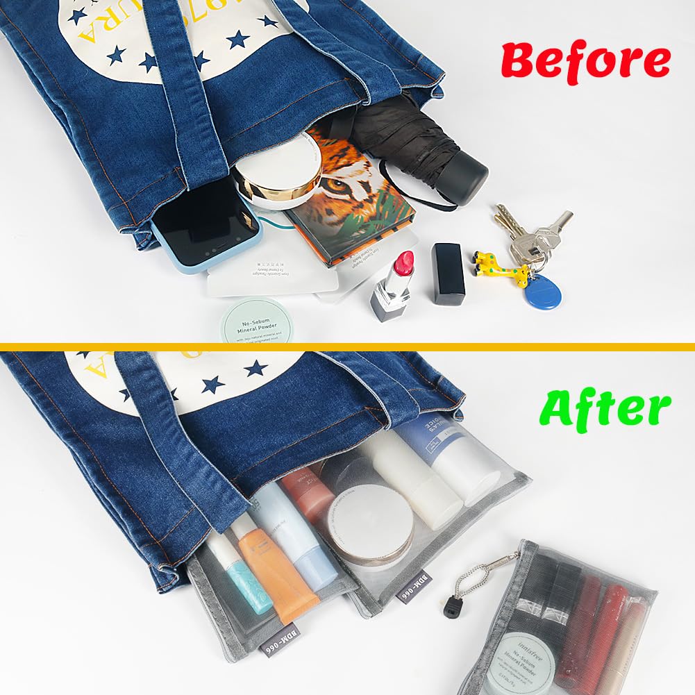 besharppin 6 Pack Mesh Cosmetic Bags, Nylon Makeup Pouches with Zipper for Home Office Purse Diaper Bag (Grey)