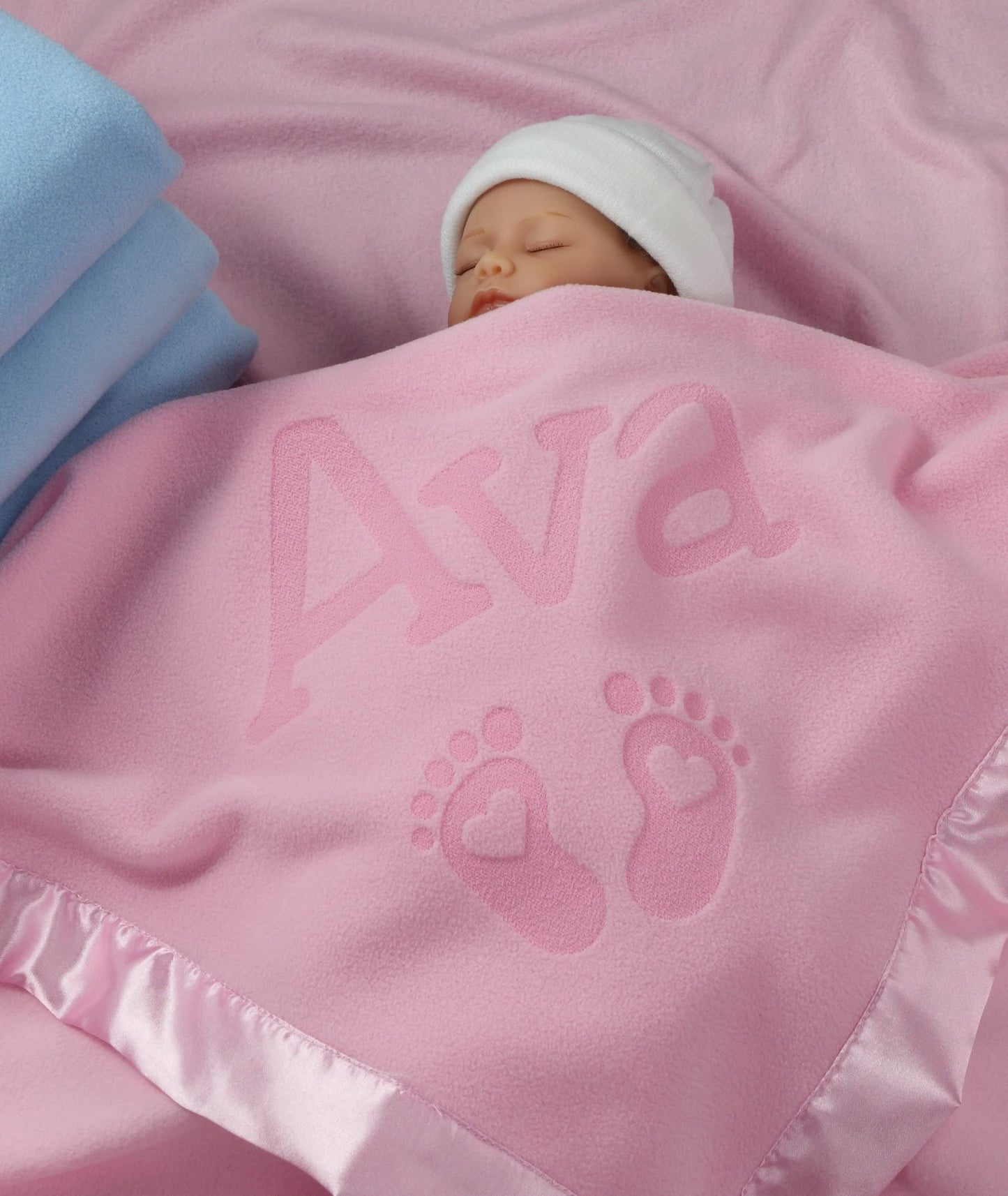 Custom Catch Personalized Newborn Gift Baby Blanket for Girl - Name with Infant Heart Feet Design - Pink or Blue (1 Line Text)