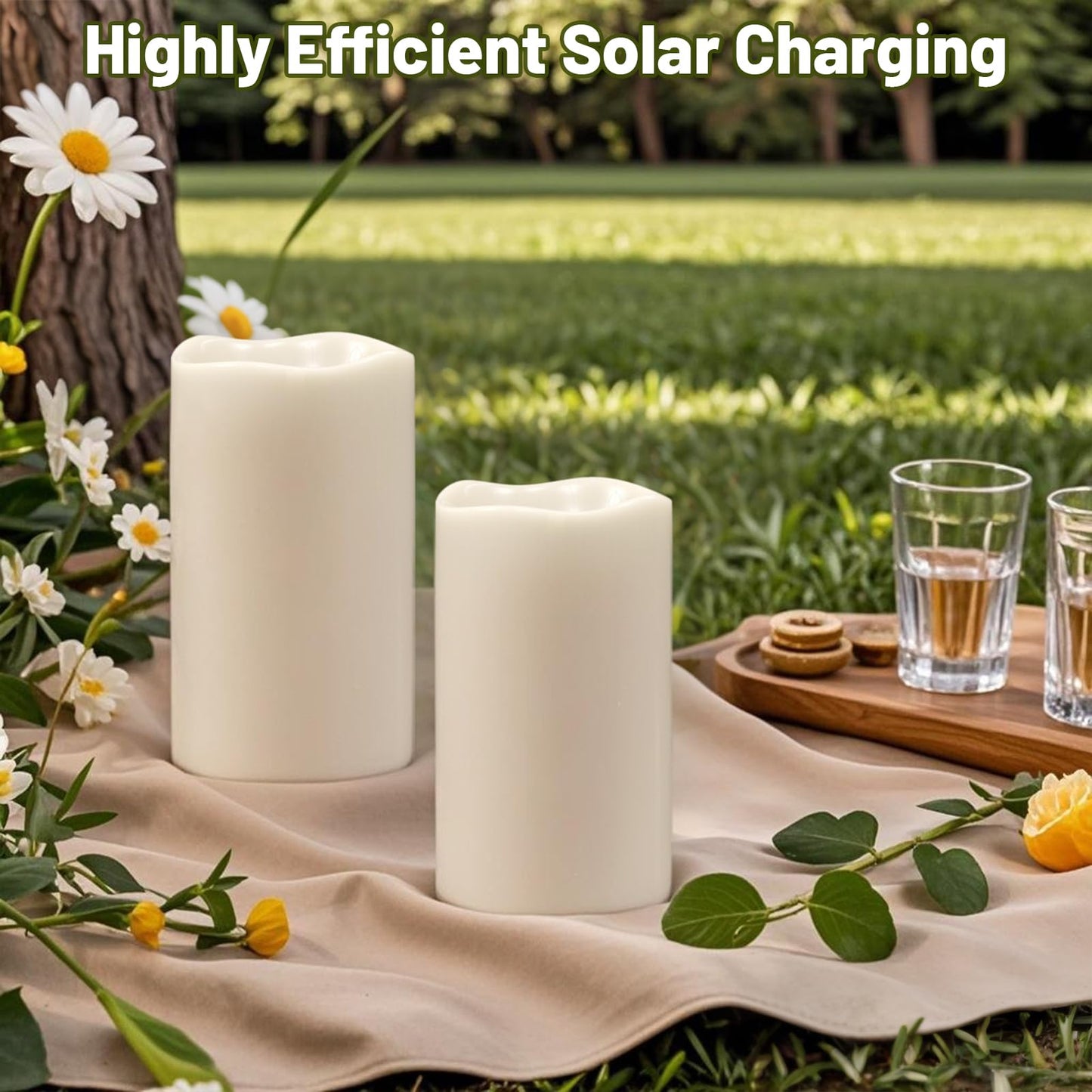 DRomance Solar Flameless Pillar Candles Outdoor Waterproof Dusk to Dawn Solar Rechargeable Battery LED Flickering Fake Candles White Plastic Patio Porch Garden Lantern Decor(2 Pack, 3" D x 5" H)