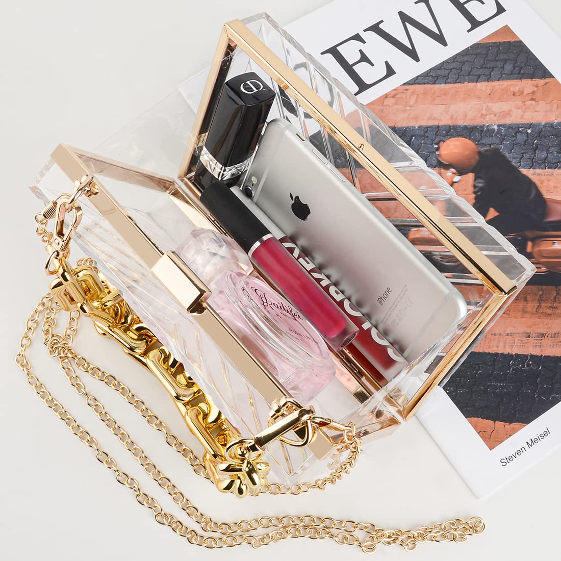 LUEXBOX Acrylic Women Clear Purse, Evening Clutch Handbag with Removable Gold Chain, Transparent Crossbody Shoulder Stadium Purse for Gameday, Bridal, Bachelorette Party, Prom & Concert (V Shape)