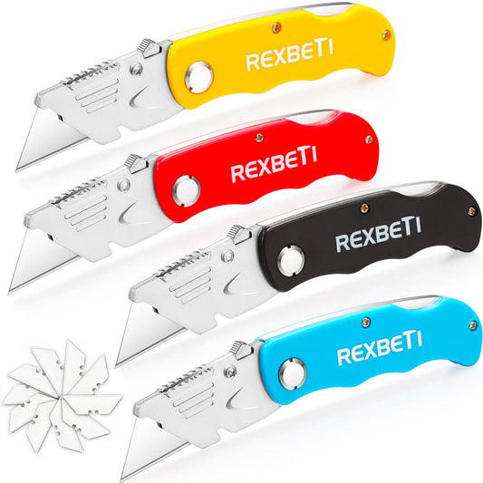 REXBETI 4-Pack Folding Pocket Utility Knife Quick-change SK5 Box Cutter for Cartons, Cardboard and Boxes, Back-lock Mechanism with 10 Extra Blades