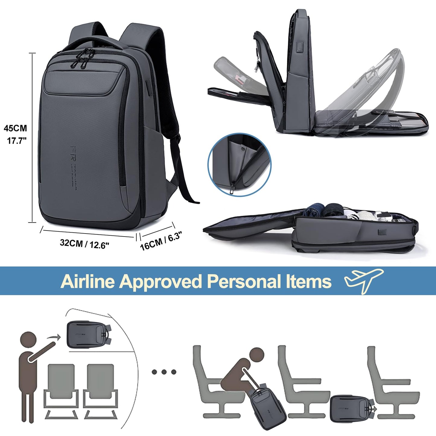 FENRUIEN Work Backpack for Men,Water Resistant Smart Backpack with USB Charging Port,Grey Laptop Bag 15.6 Inch