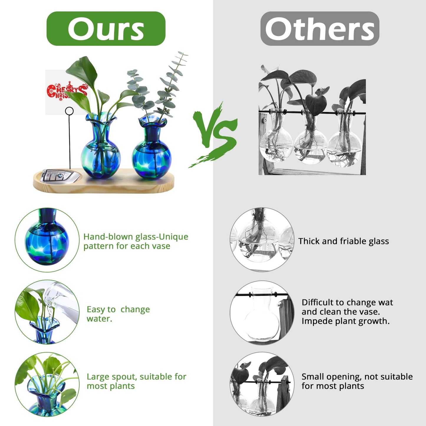 Pozfun Tabletop Hand Blown Glass Plant Propagation Stations Planter Terrarium with Wooden Jewelry Tray and Photo Holder Hydroponic Plants Centerpiece Office Home Garden Decor