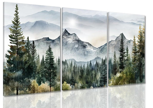 Dytila Framed Green Mountain Wall Art Set of 3, Misty Forest Pictures Wall Decor Neutral Nature Paintings Modern landscape Canvas Prints Sunrise Artwork for Living Room Office Hallway 12x16 in