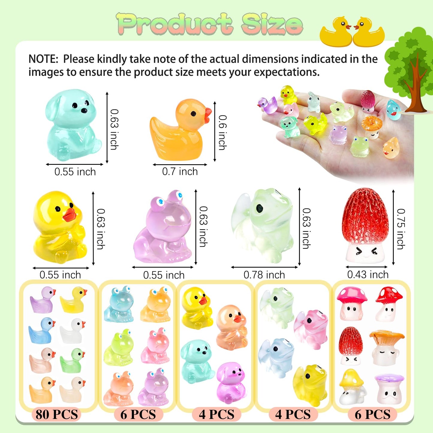 LOIKMIUP 100PCS Luminous Mini Animals Glow in The Dark, Tiny Animals Figures Resin Duck Frogs Mushroom 5 Combination Set for Prank Garden Micro Landscape Dollhouse Decor Craft