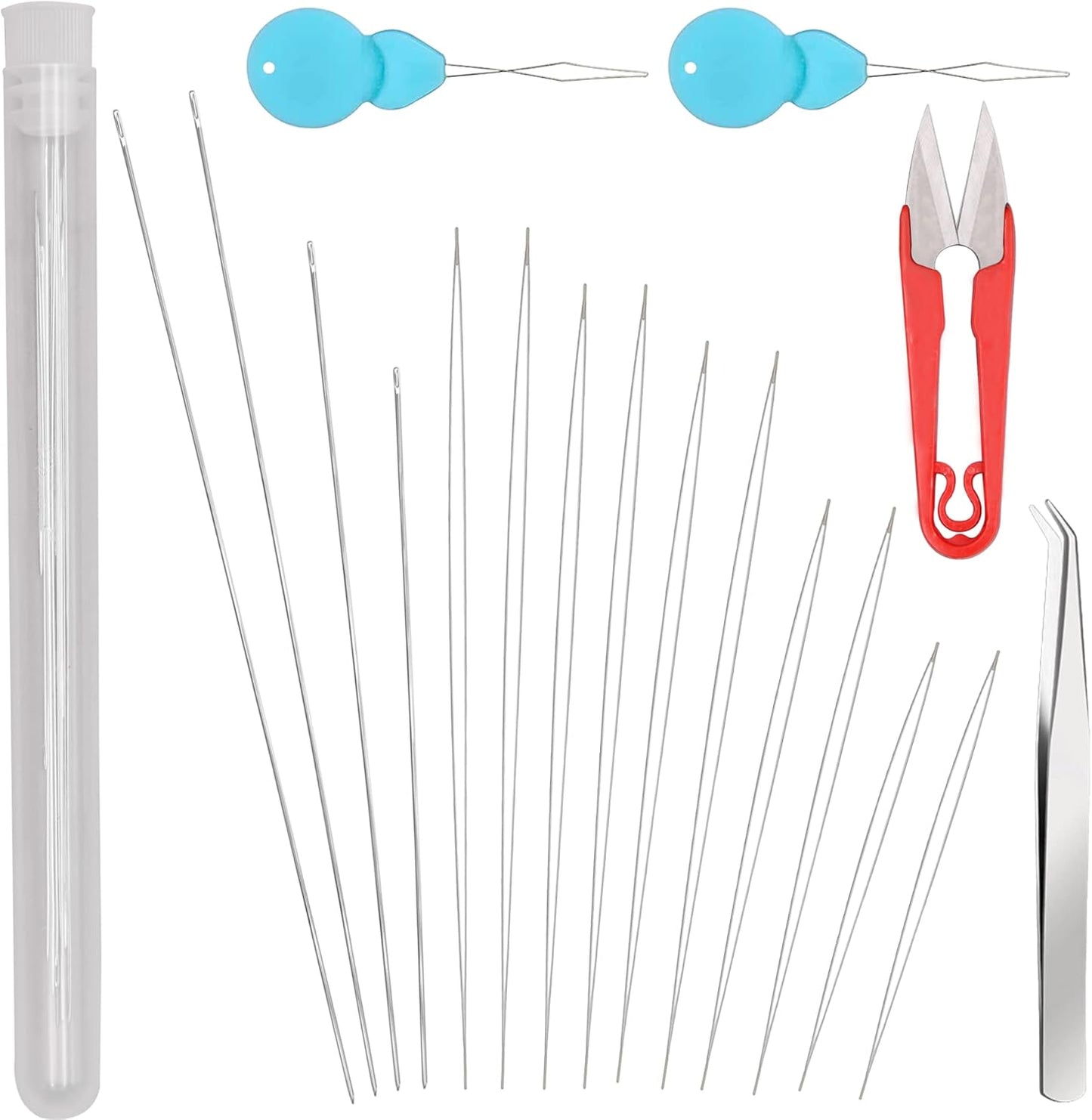 EuTengHao 19Pcs Big Eye Beading Needles Long Straight Beading Thread Needles Embroidery Needles Scissors Tweezers with Needle Bottle for Beading Bracelet Necklace Jewelry Making Supplies DIY Craft