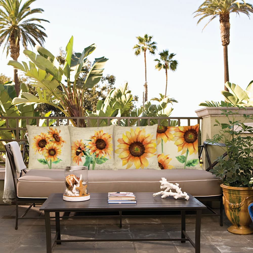 Neatee Living Set of 4 Sunflower Decorative Throw Pillow Covers 18x18 Inch Plant Pillow Covers Linen Square Pillow Cases Summer Flower Outdoor Sofa Couch Home Bed Decor Cushion Covers (18 by 18)