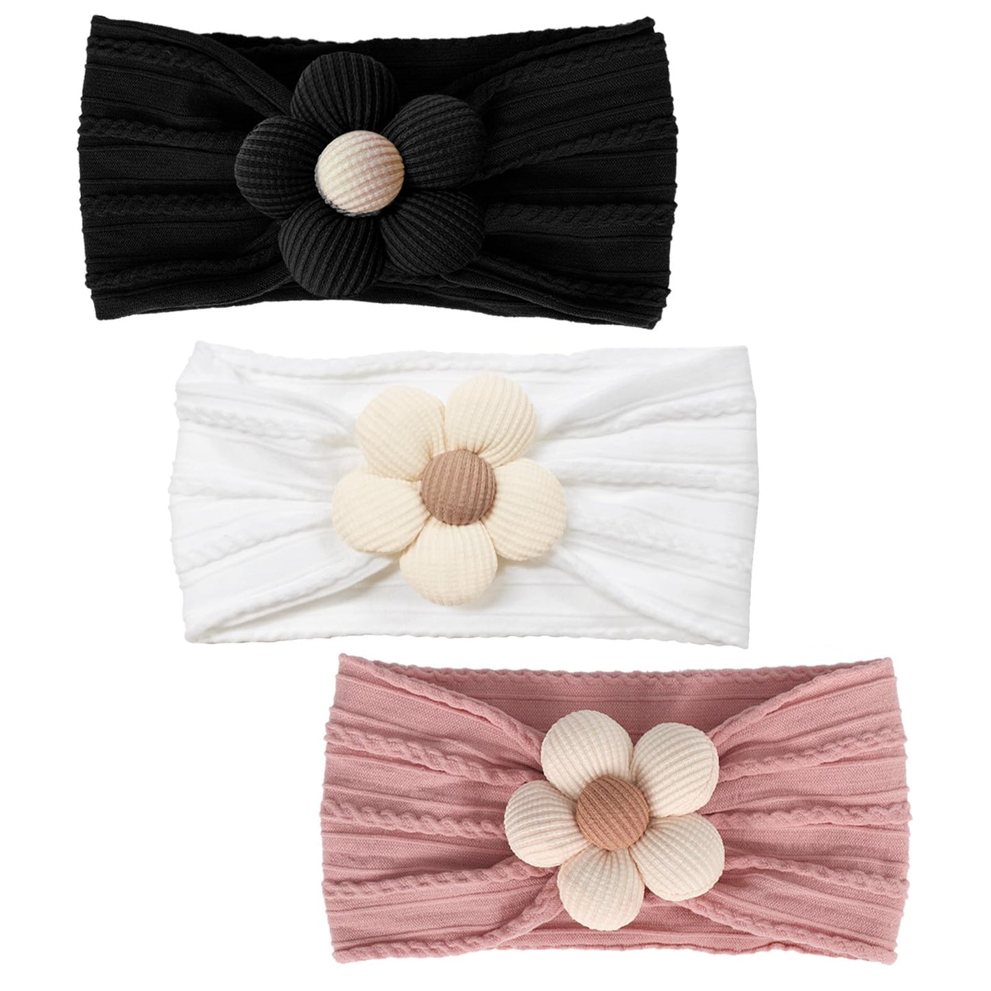3 Pcs Baby Flower Headbands Baby Girls Nylon Headband Soft Hairbands Hair Accessories for Newborn Infant Toddler Kids (Beige Pink Khaki)