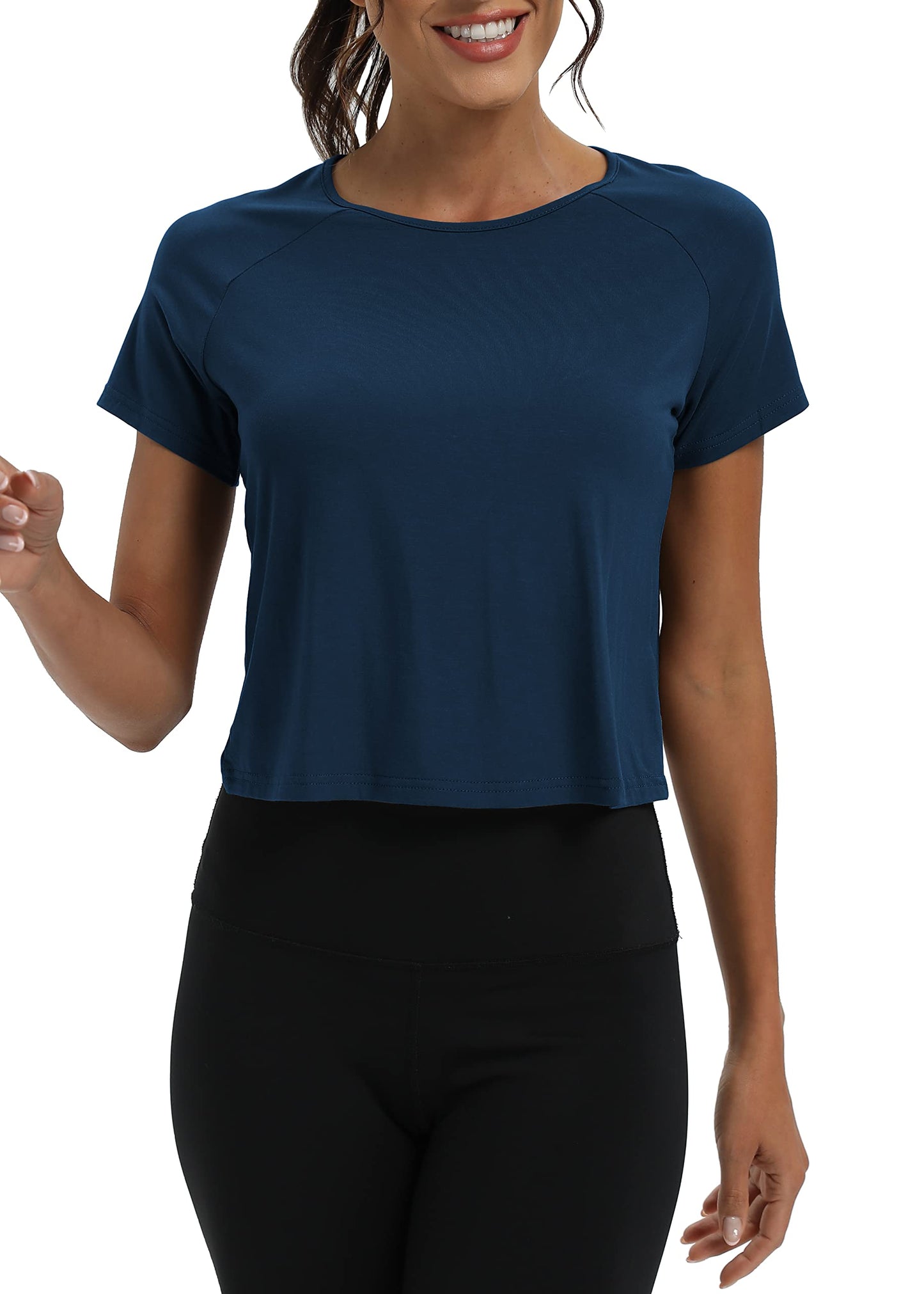 Mippo Short Sleeve Athletic Tops Workout Shirts Exercise Clothes Gym Crop Top Tshirts for Women Loose Fit Navy Blue M