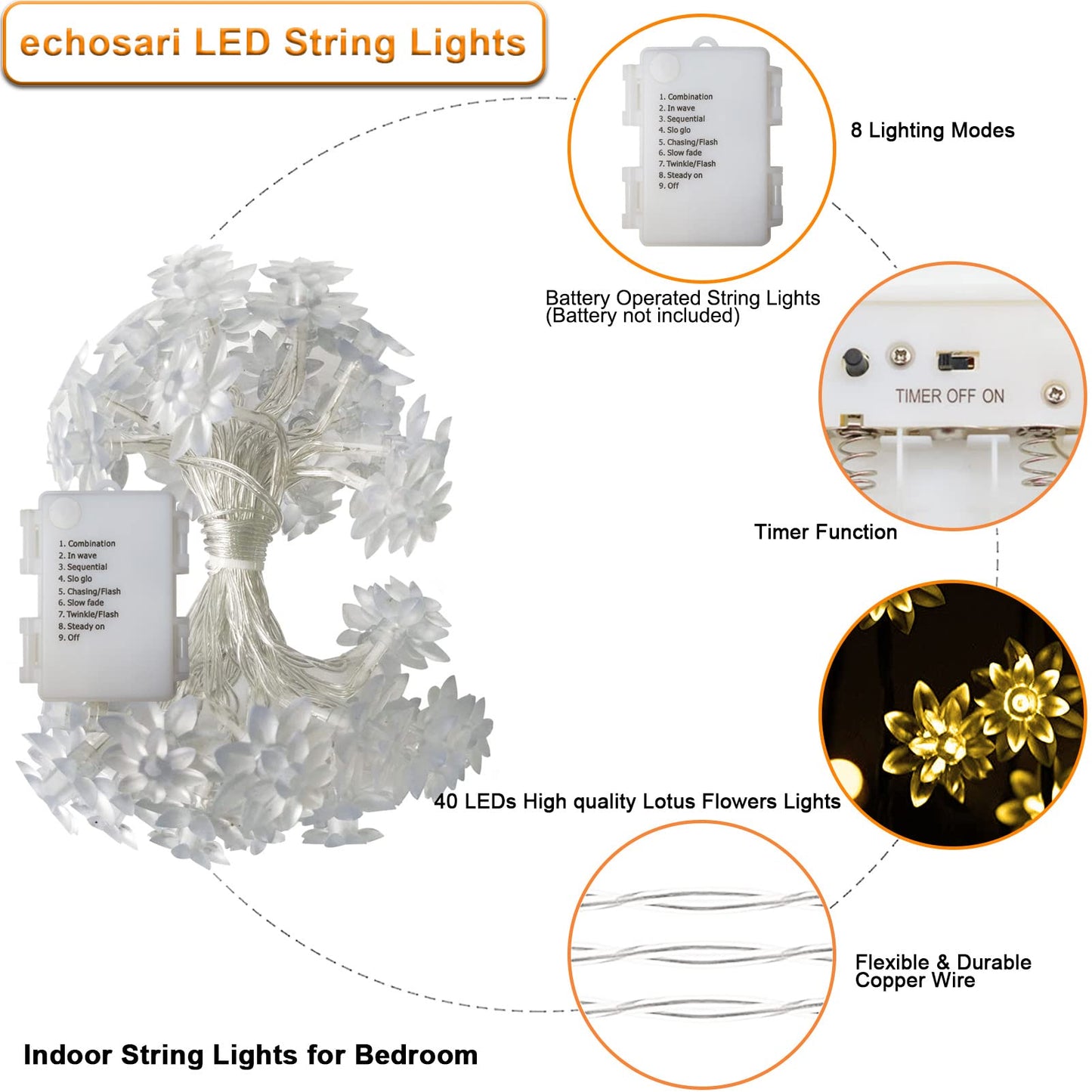 echosari Flower String Lights Battery Operated, 158" Lotus Flower Fairy Lights with Auto Timer 8 Modes, Soft Rubber Flowers String Lights Waterproof for Kids' Room Garden Patio Décor (Warm White)