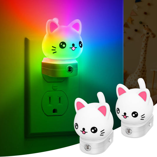 Cat Night Lights Plug Into Wall [2 Pack], Cute Night Light for Kids, 8-Color RGB LED Night Light, Nightlight with Dusk to Dawn Sensor for Kids Room, Bathroom, Bedroom Décor, Children Gift