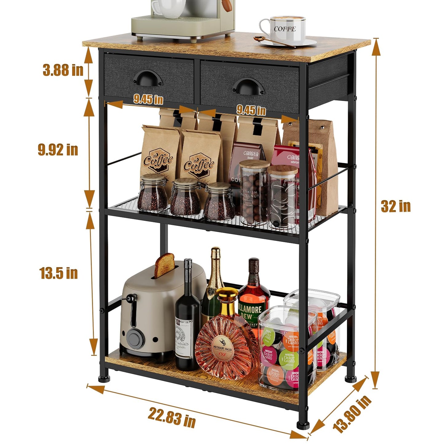 X-cosrack Coffee Bar Stand Station with 2 Storage Drawers, 3-Tier Farmhouse Corner Coffee Table & Cabinet,Large Capacity Coffe Bar Organizer for Living Room, Entryway,Kitchen - Patent