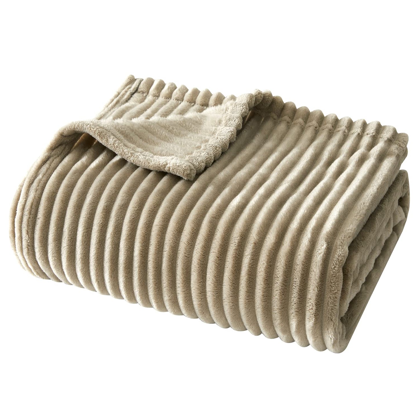 Geniospin Fleece Blanket Queen Size – 280GSM Super Soft Lightweight Bed Blanket with Strip, 3D Ribbed Jacquard, Plush Fuzzy Cozy Microfiber, Warm and Breathable (Taupe, 90x90 inches)