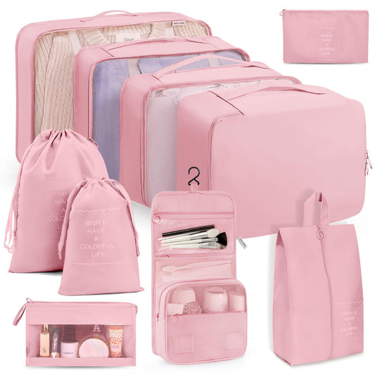 TRMFUSA Packing Cubes 10 PCS, Mesh Breathable Luggage Organizers Bags, Packing Organizers, Durable Travel Essentials Bags Set, Travel Packing Organizers,Pink